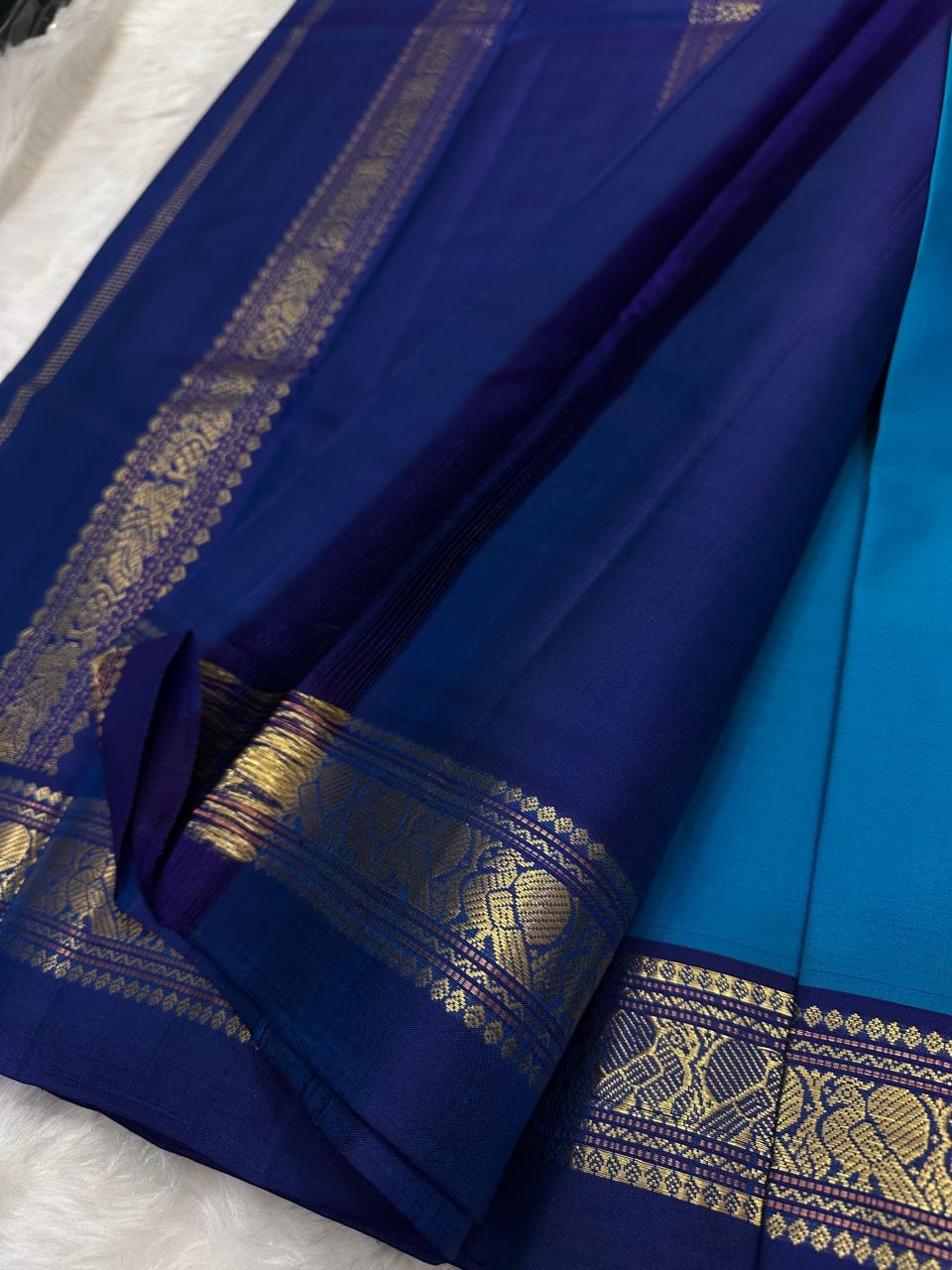 Cerulean Blue and Navy Handwoven Pure Silk Kanjivaram Saree with Mayil Butta Border