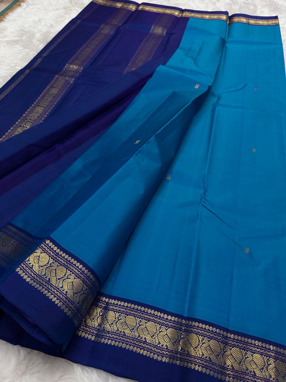 Cerulean Blue and Navy Handwoven Pure Silk Kanjivaram Saree with Mayil Butta Border