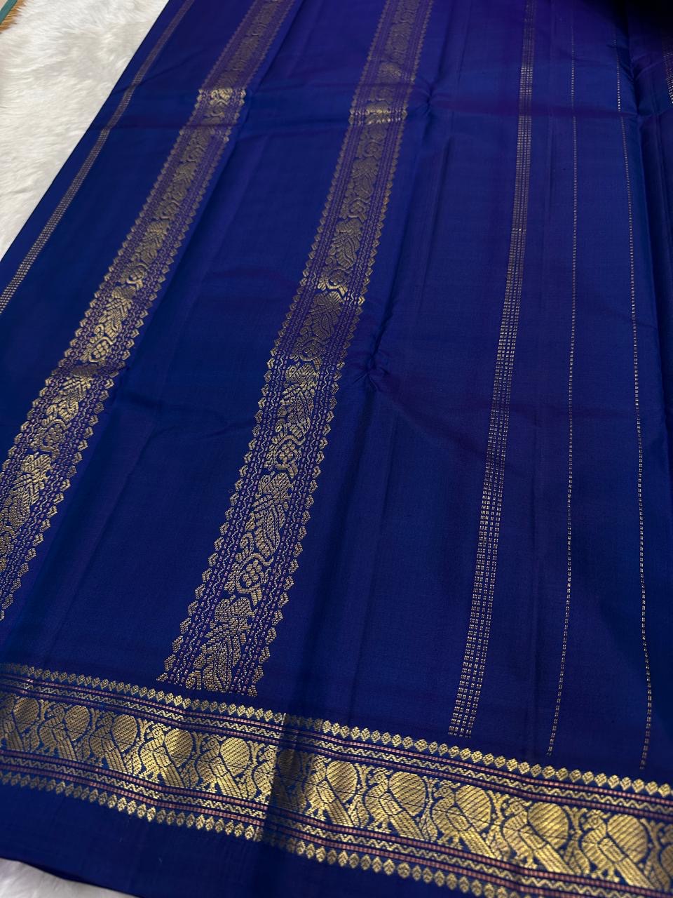 Cerulean Blue and Navy Handwoven Pure Silk Kanjivaram Saree with Mayil Butta Border