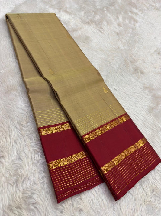 Champagne Gold and Rust Orange Handwoven Pure Silk Kanjivaram Saree with Korvai Border