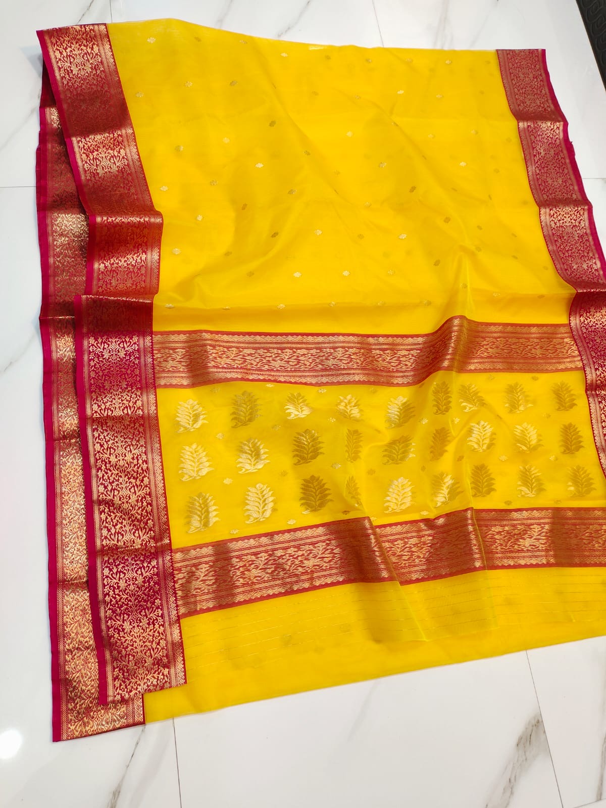 Turmeric Yellow and Red Gold Katan Silk Chanderi handloom saree — full saree