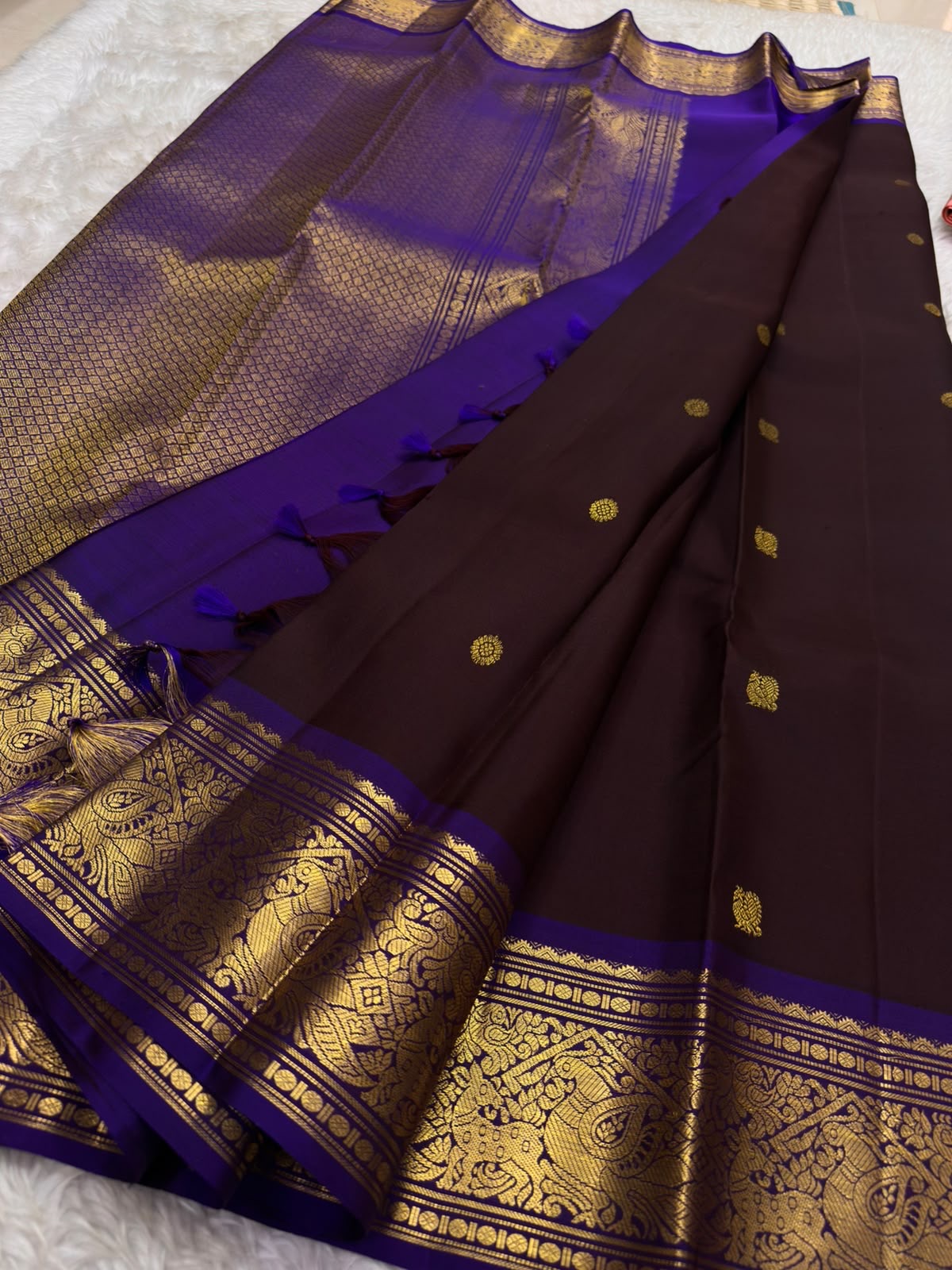 Deep aubergine and royal violet Butta pure silk Kanchipuram saree with Mayil and deer border, Idam Living