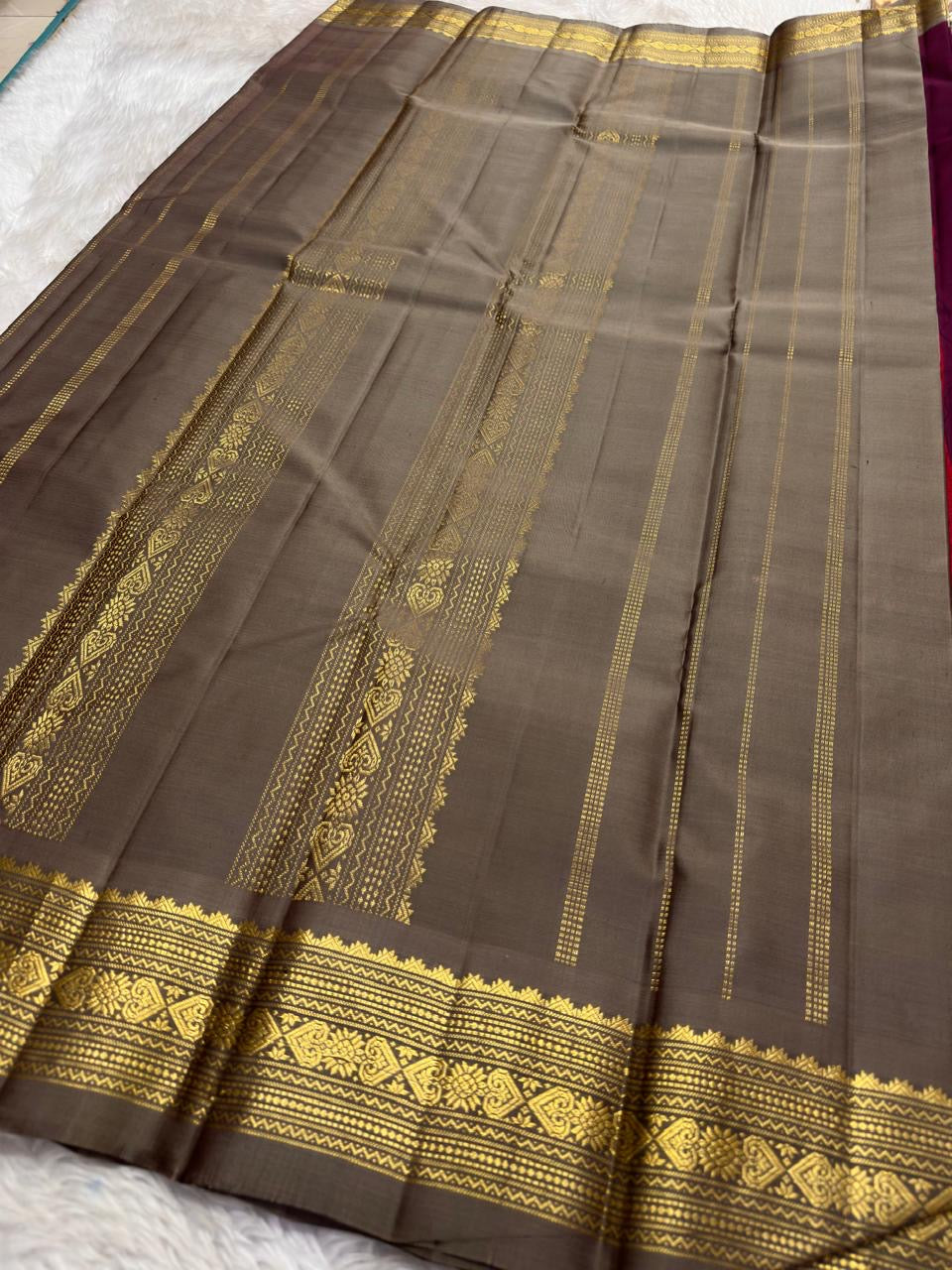 Deep Plum and Antique Gold Handwoven Pure Silk Kanjivaram Saree with Varisaipet Border