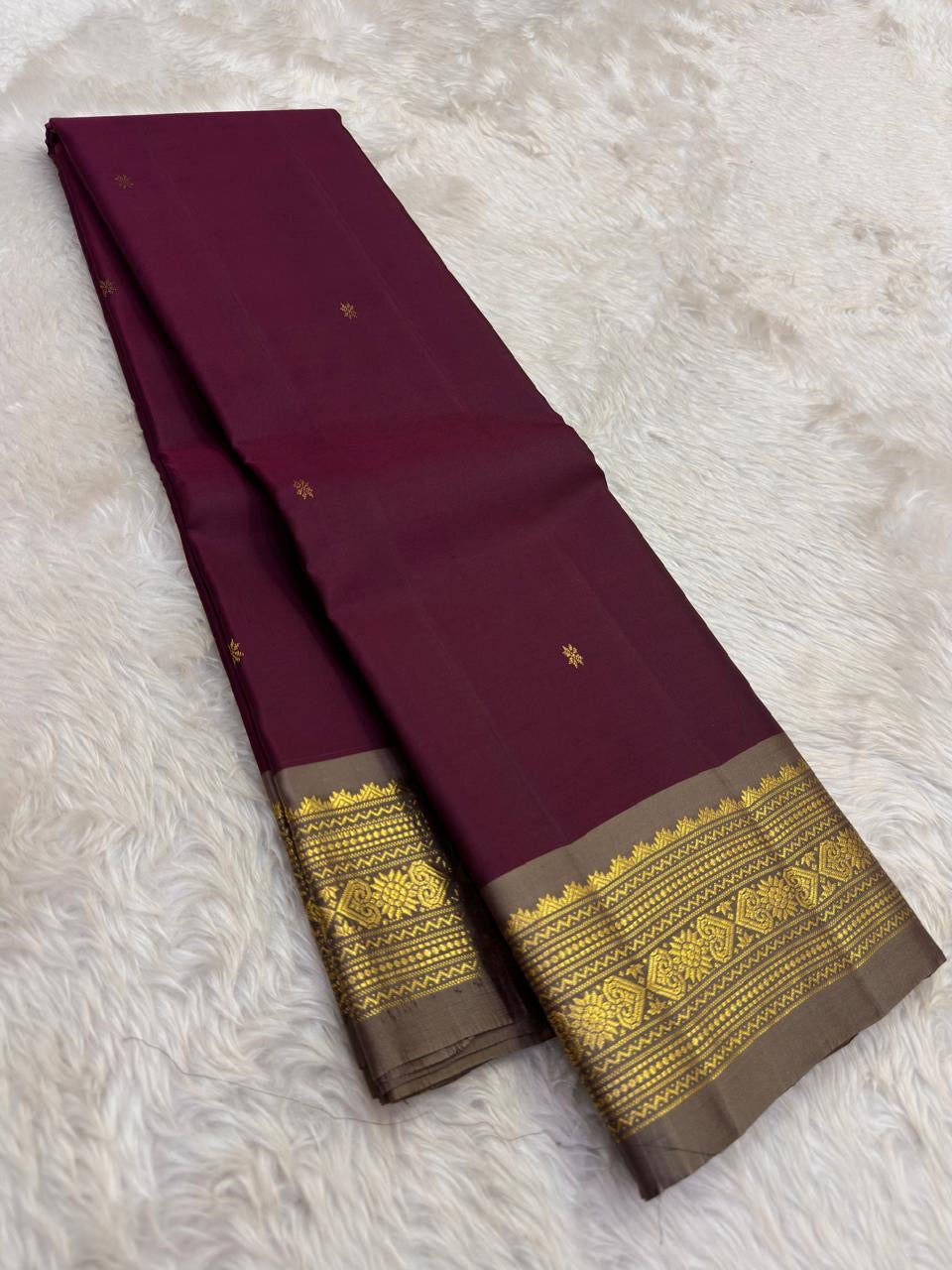 Deep Plum and Antique Gold Handwoven Pure Silk Kanjivaram Saree with Varisaipet Border