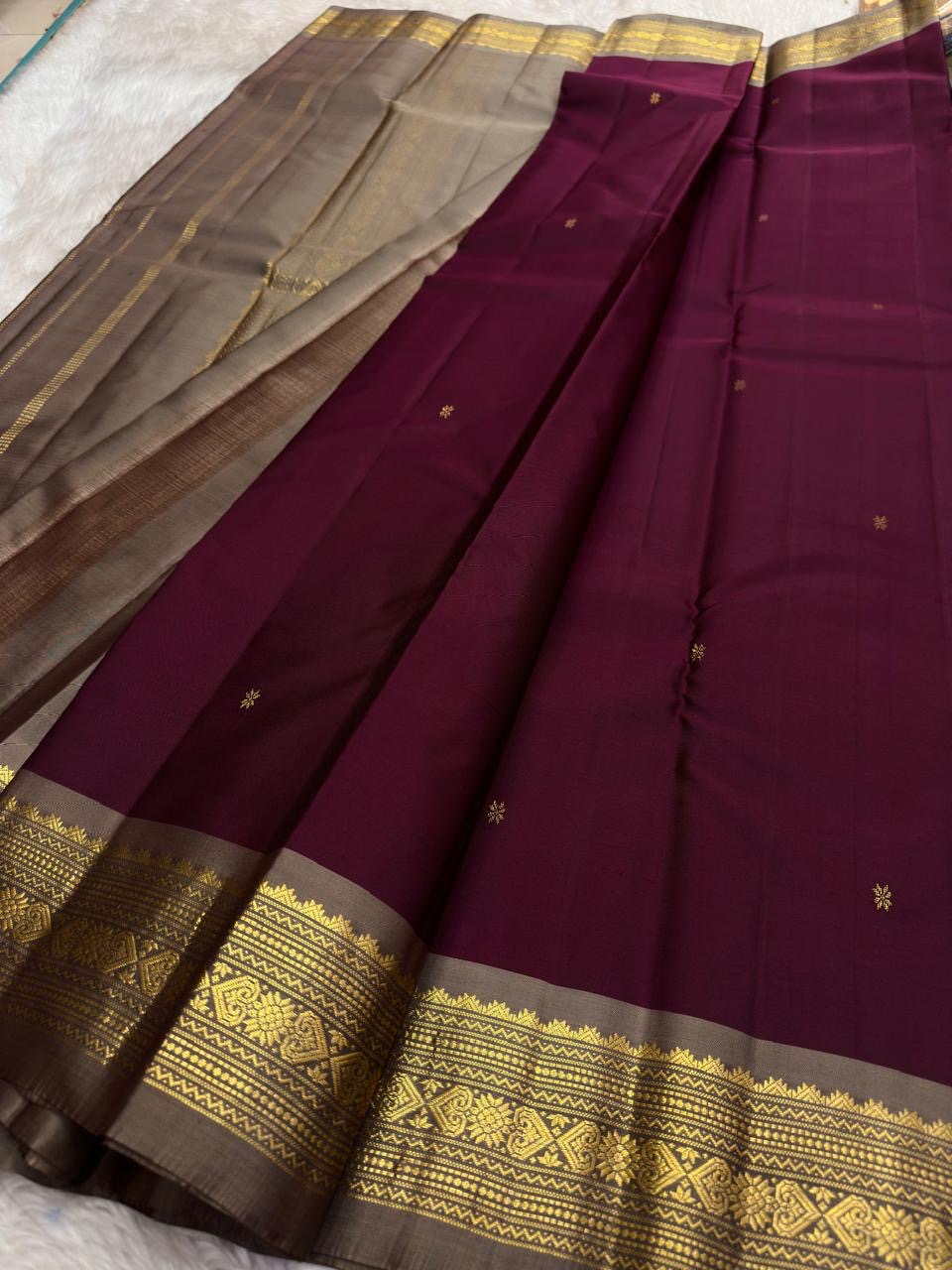 Deep Plum and Antique Gold Handwoven Pure Silk Kanjivaram Saree with Varisaipet Border