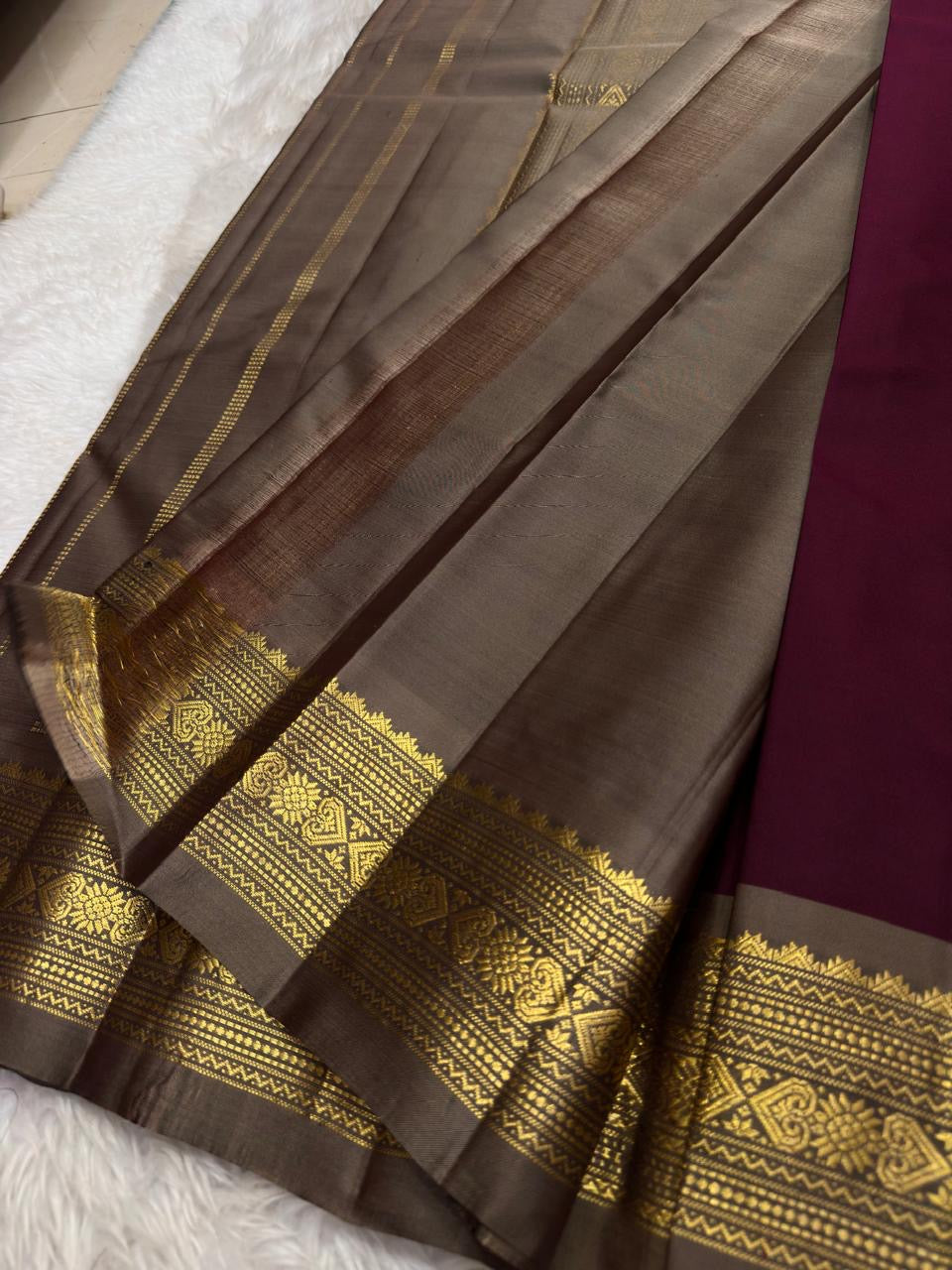 Deep Plum and Antique Gold Handwoven Pure Silk Kanjivaram Saree with Varisaipet Border