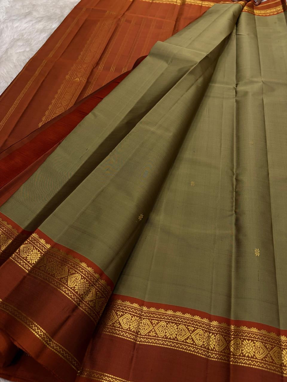 Moss Green and Rust Handwoven Pure Silk Kanjivaram Saree with Korvai Border