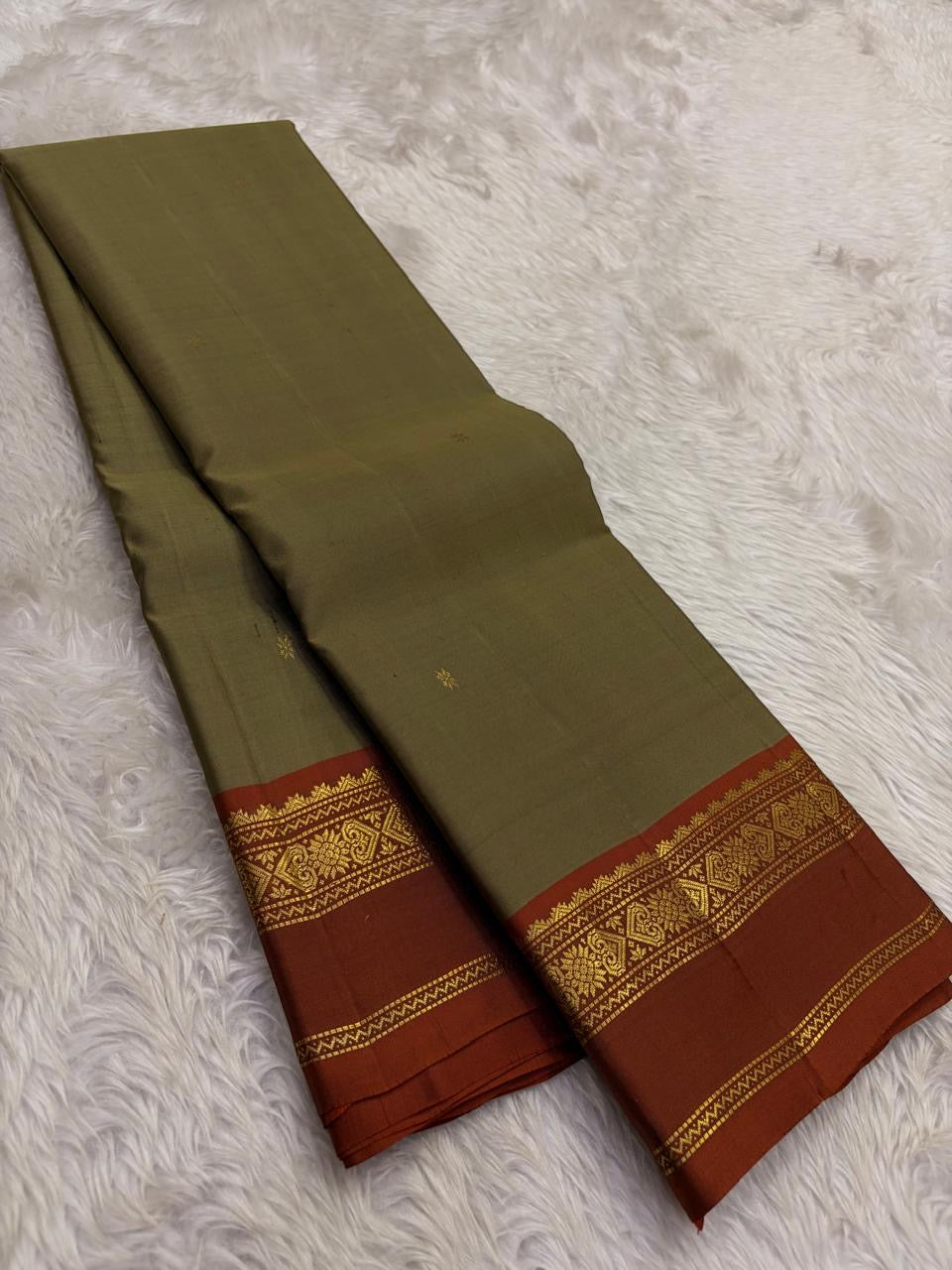 Moss Green and Rust Handwoven Pure Silk Kanjivaram Saree with Korvai Border