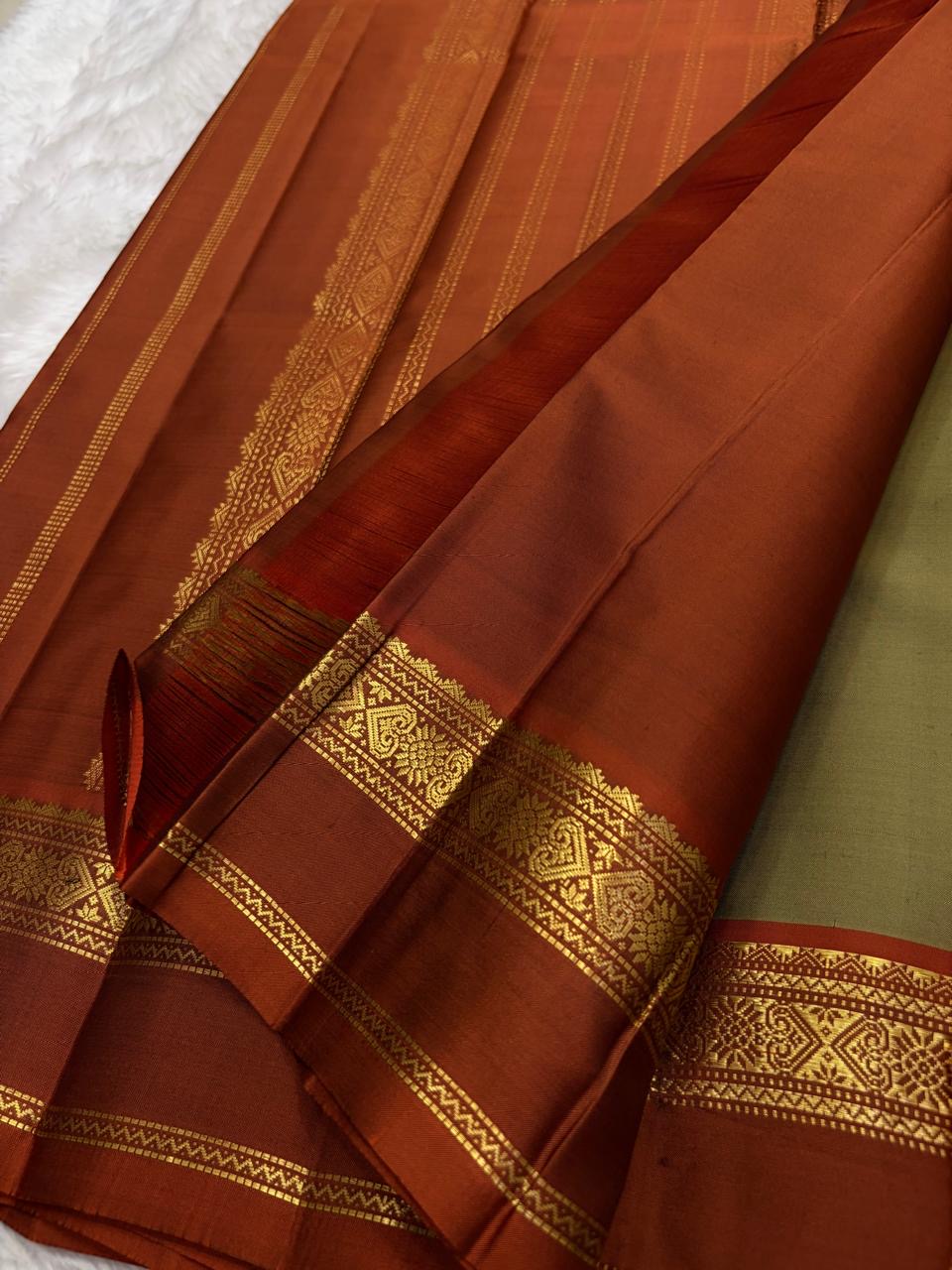 Moss Green and Rust Handwoven Pure Silk Kanjivaram Saree with Korvai Border