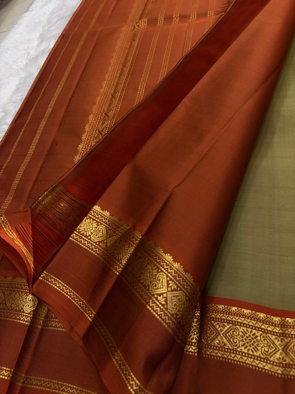 Moss Green and Rust Handwoven Pure Silk Kanjivaram Saree with Korvai Border