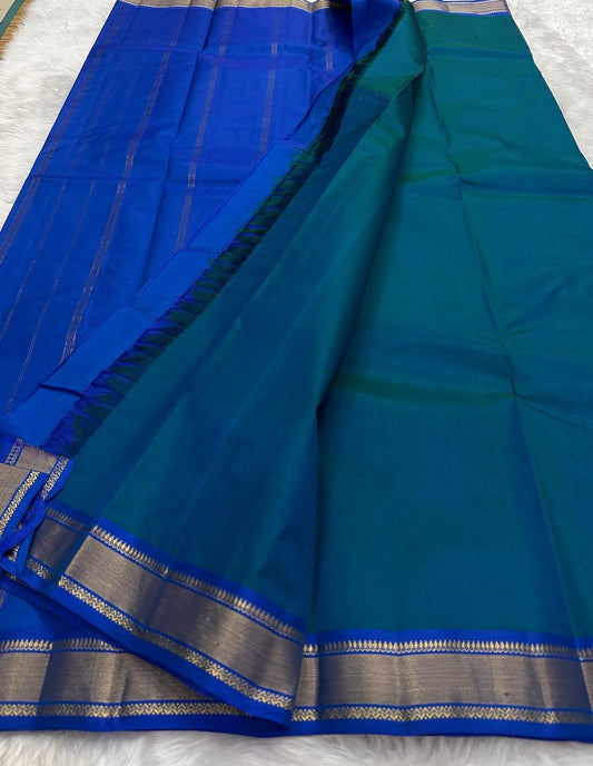 Peacock Blue and Royal Blue Handwoven Pure Silk Kanjivaram Saree with Varisaipet Border