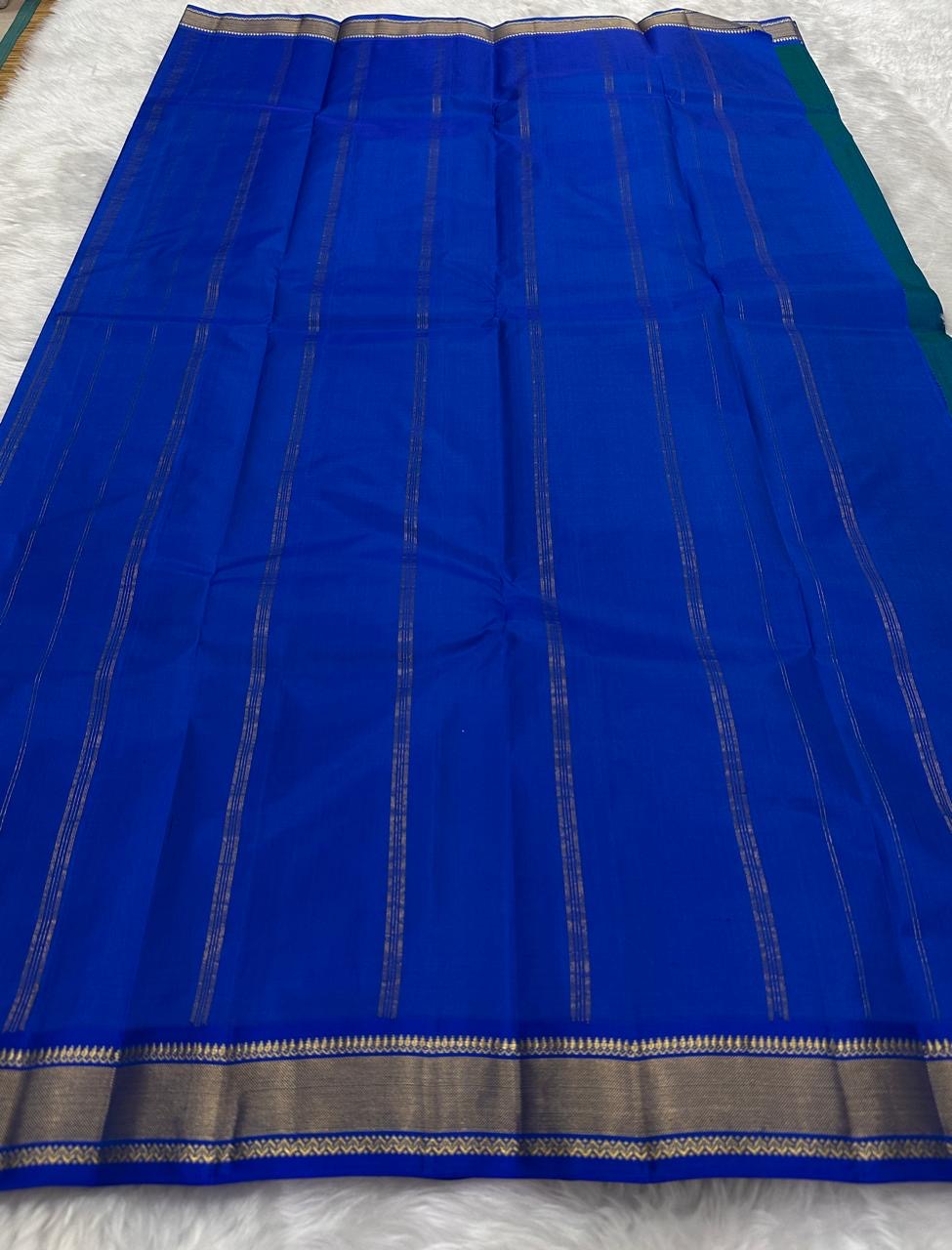 Peacock Blue and Royal Blue Handwoven Pure Silk Kanjivaram Saree with Varisaipet Border