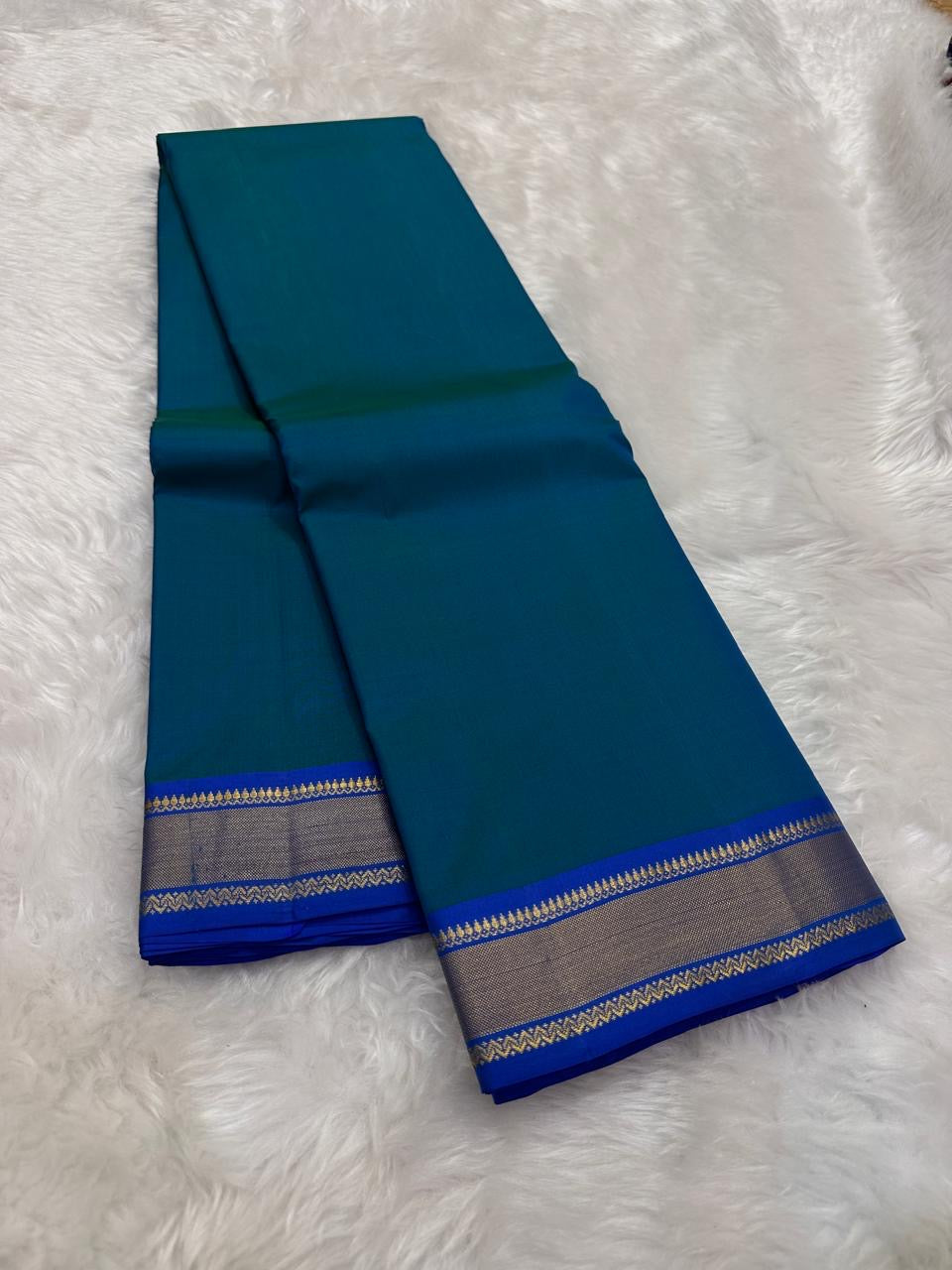 Peacock Blue and Royal Blue Handwoven Pure Silk Kanjivaram Saree with Varisaipet Border