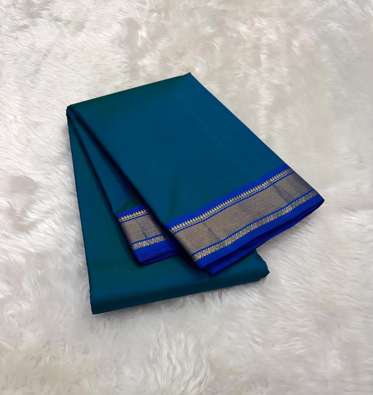 Peacock Blue and Royal Blue Handwoven Pure Silk Kanjivaram Saree with Varisaipet Border