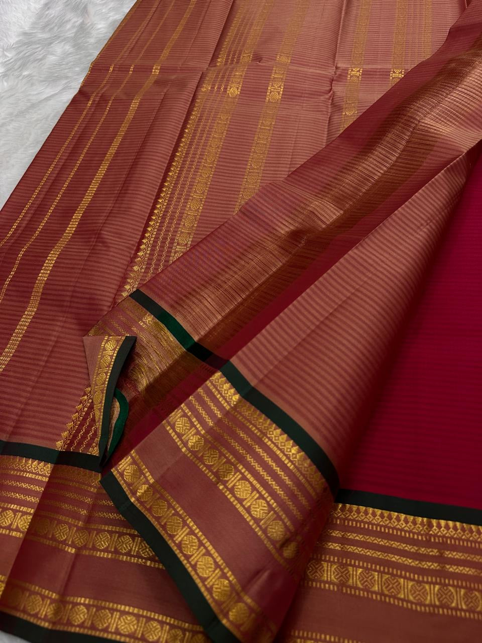 Deep Ruby Red and Bottle Green Handwoven Pure Silk Kanjivaram Saree with Varisaipet Border