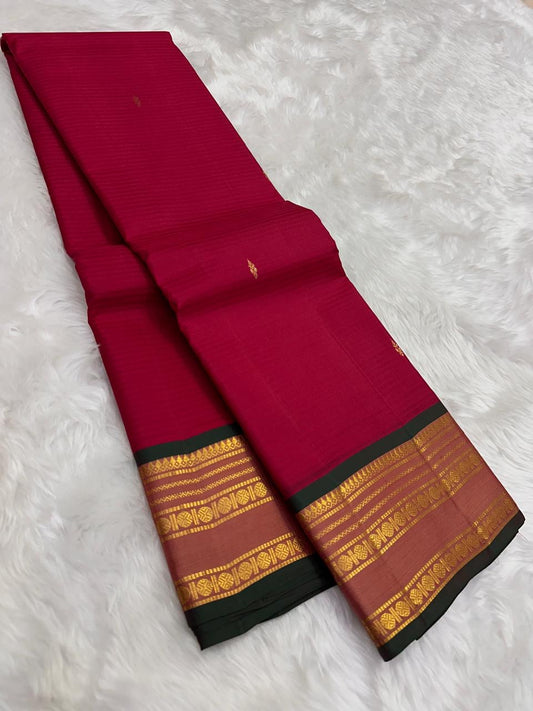 Deep Ruby Red and Bottle Green Handwoven Pure Silk Kanjivaram Saree with Varisaipet Border
