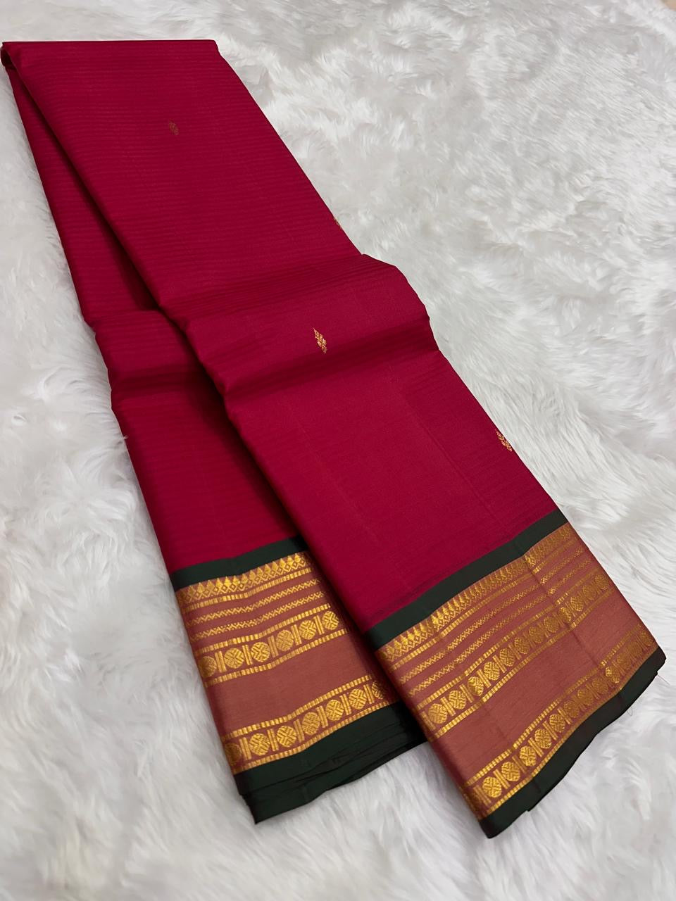 Deep Ruby Red and Bottle Green Handwoven Pure Silk Kanjivaram Saree with Varisaipet Border