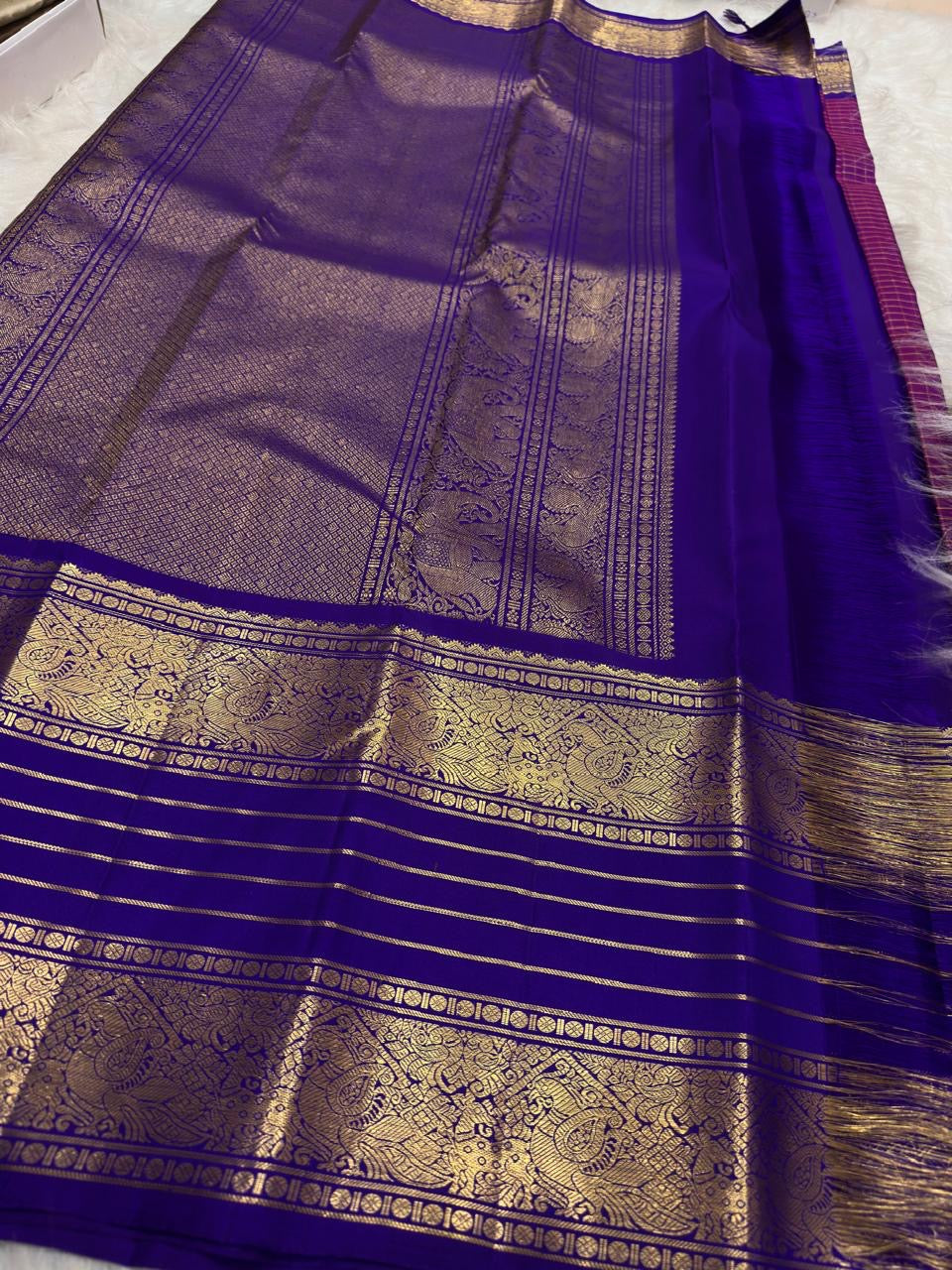 Kathiripoo Purple and Royal Blue vintage pure silk Kanchipuram Varisaipet saree, pallu ornament detail, handwoven zari and ornate border