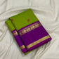 Kancheepuram silk saree bright green body with antique gold zari motifs and violet border close view