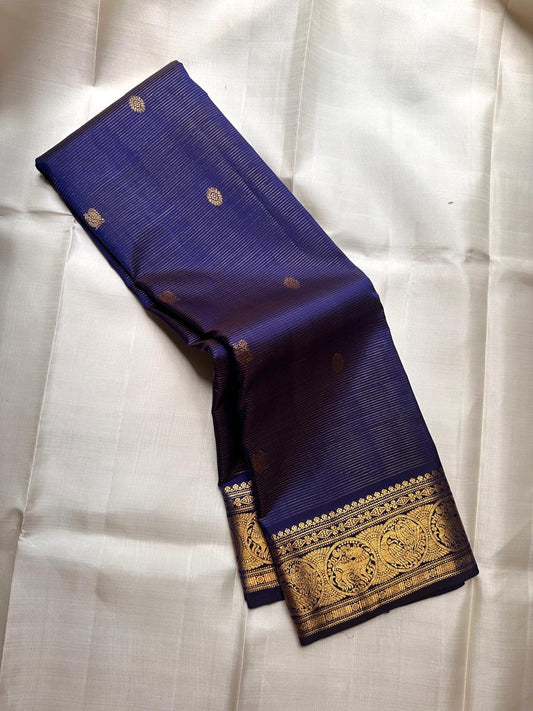 kanchipuram silk saree ink violet with antique glow border draped view