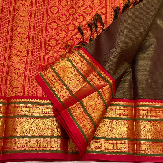 Pure Kanchipuram Silk Saree – Golden Cinnamon Brown with Radiant Red Varisaipet Border
