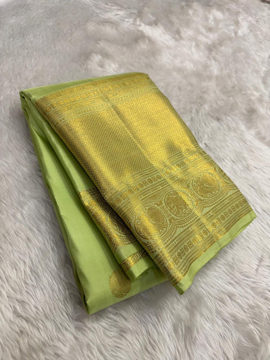 kanchipuram silk saree pastel pistachio with gold border draped view