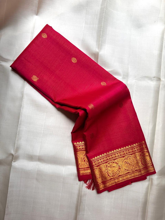 kanchipuram silk saree red blaze with gold finish border draped view