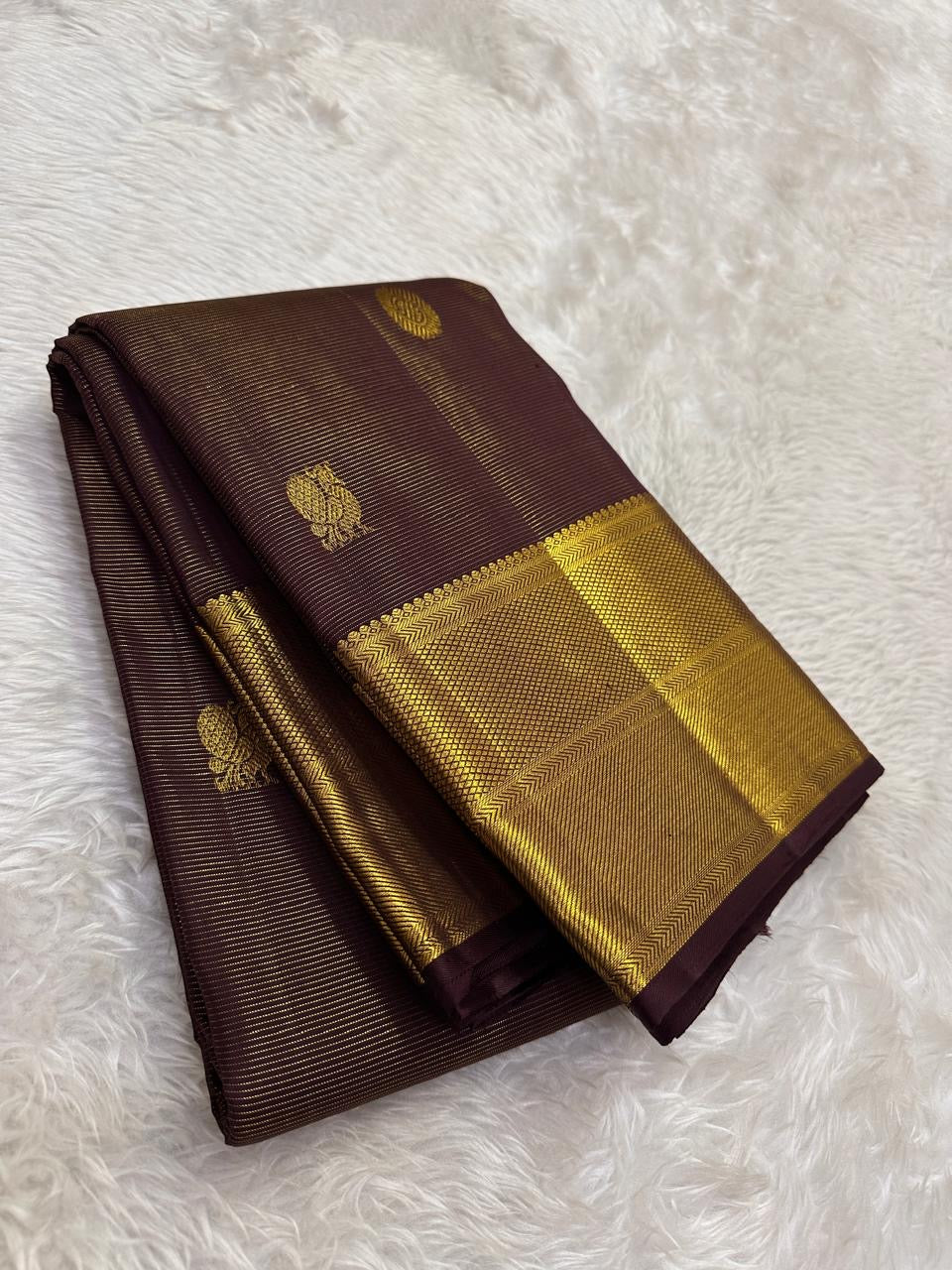 Deep Mahogany Brown and Antique Gold Handwoven Pure Silk Kanchipuram Saree with Vairaoosi and Mayil Chakram Butta