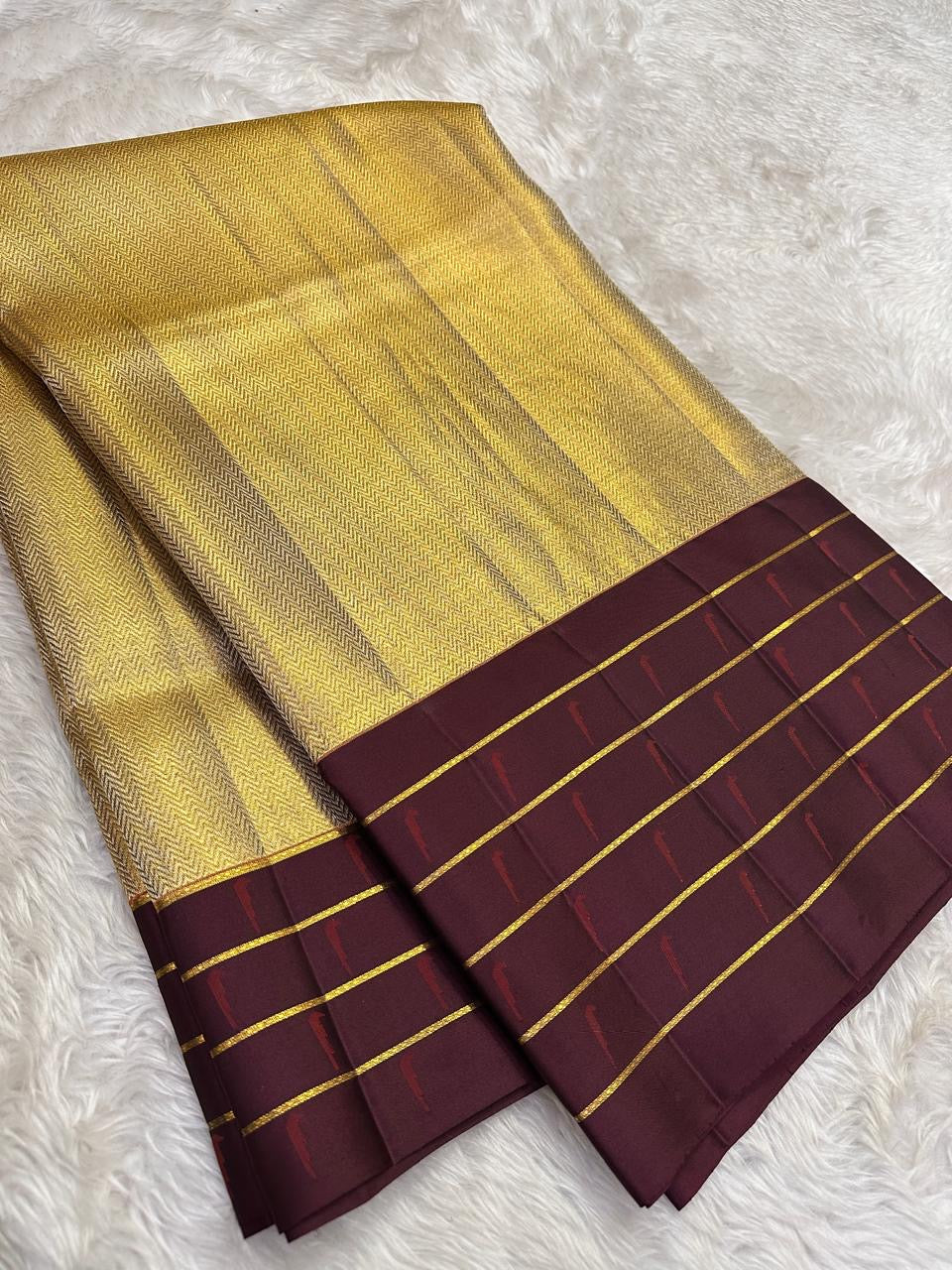Muted Gold and Deep Plum Handwoven Pure Silk Kanchipattu Saree with Korvai Border