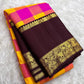 Magenta pink and kesari yellow Paalum Pazhamum Kanchipuram silk saree with aubergine Yazhi border, view 4