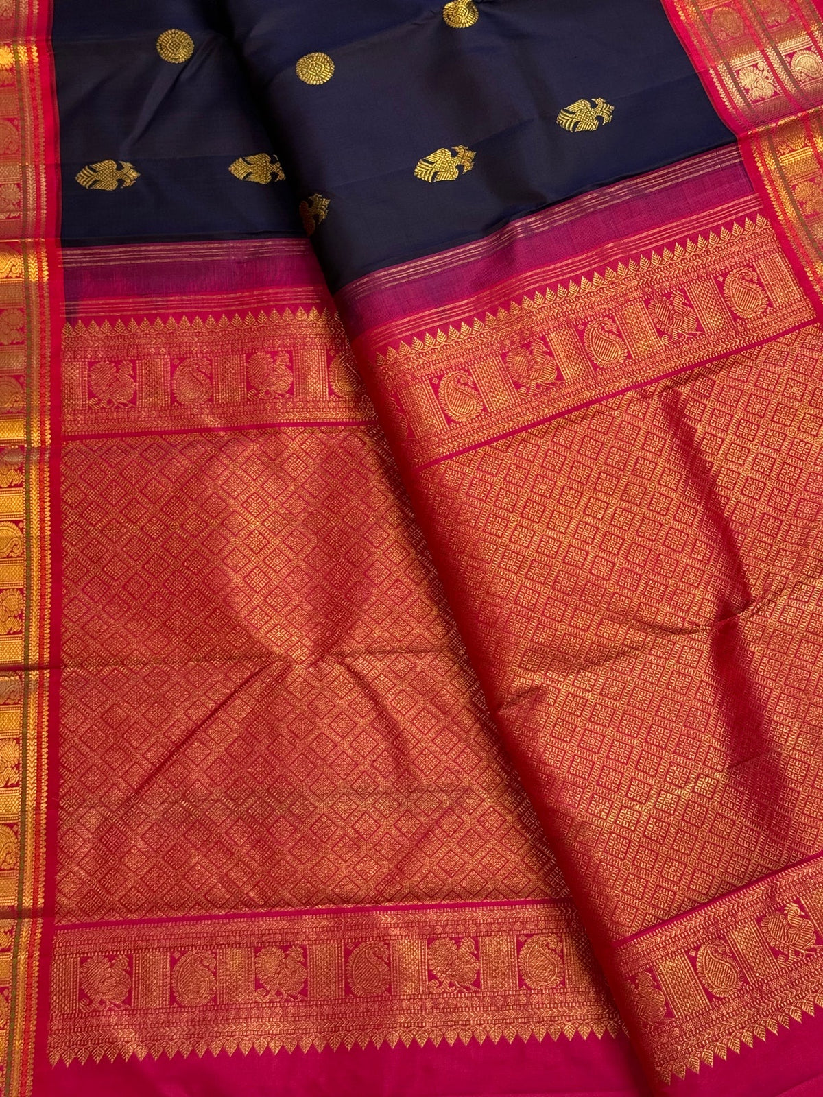 Midnight navy pure silk Kanchipuram saree with Gandaberunda buttas and double peacock-paisley border in rani pink, Idam Living (photo 4 of 6)