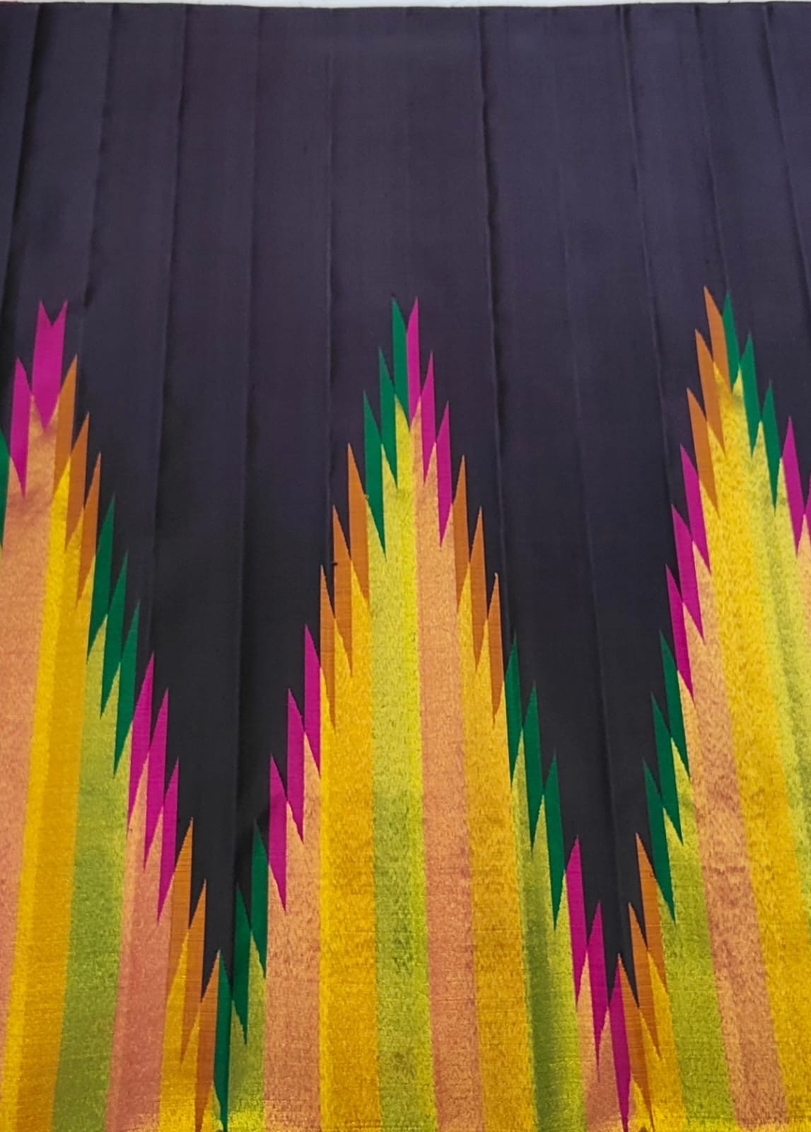 Ink Black Kanchipuram Silk Saree with Ettukol Border and Multicolor Temple Design