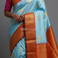 Sky blue pure Kanjivaram silk saree pallu featuring pichwai cow motif and antique gold zari