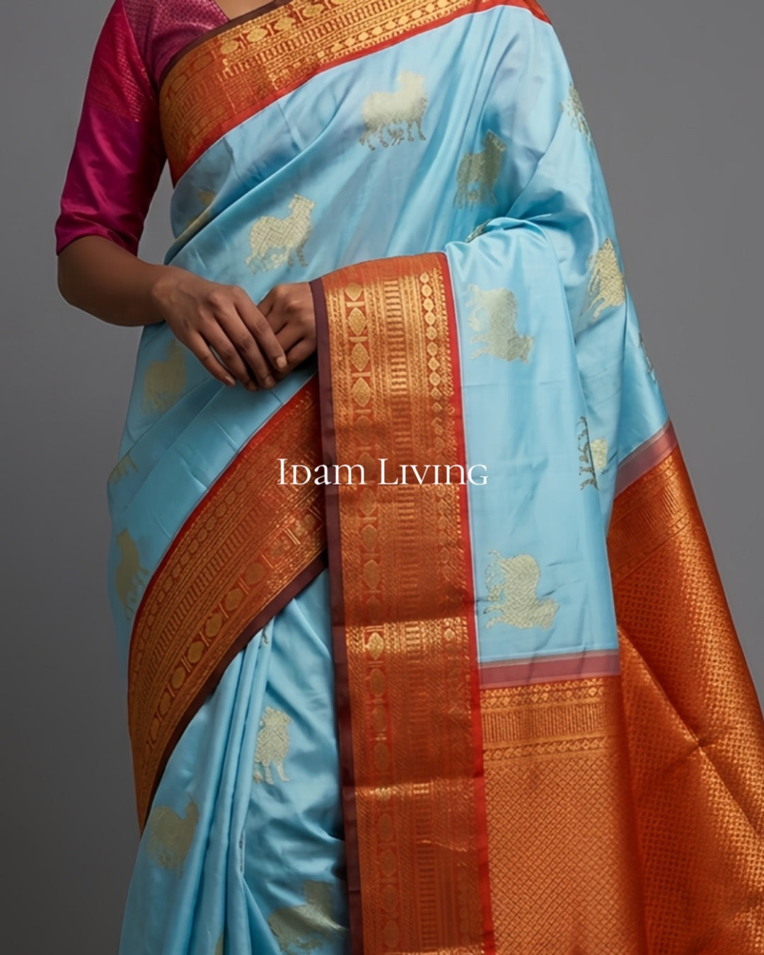 Sky blue pure Kanjivaram silk saree pallu featuring pichwai cow motif and antique gold zari