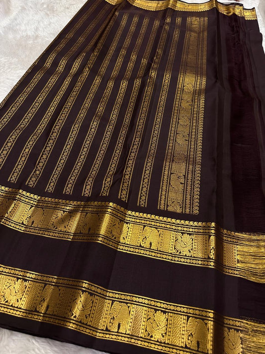 Deep plum Rettapet pure silk Kanchipuram saree with Gandaberunda gold zari border, Idam Living