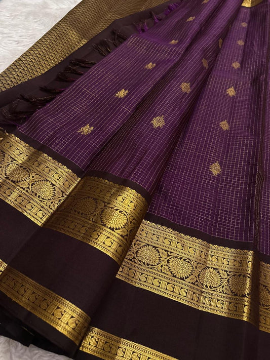 Deep Kathiripoo purple Kanchipuram silk saree with fine gold zari checks