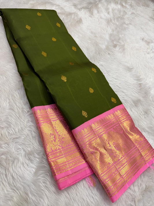 Forest Green Rose Pink Kanchipuram Silk Saree with Vanasringaram Border
