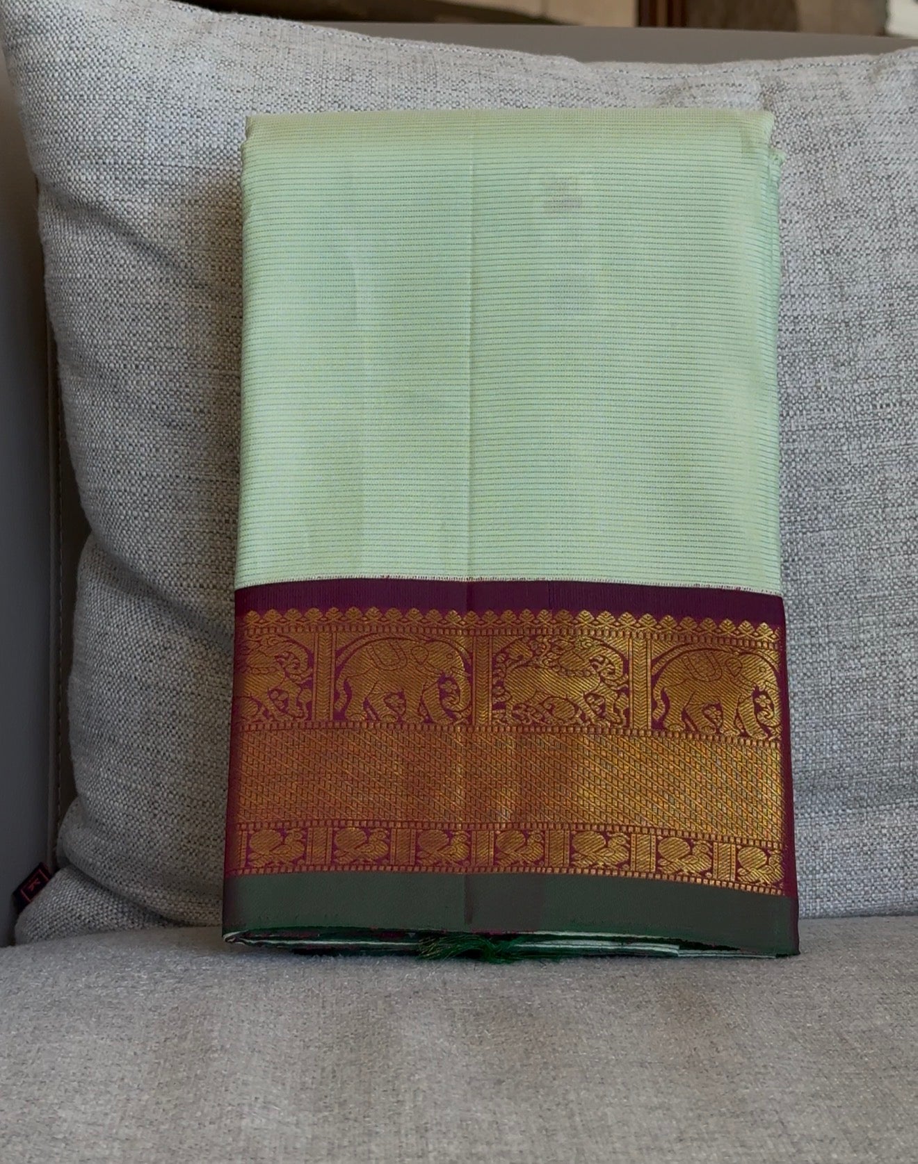 Pastel Kancheepuram silk saree border detail with fine vairaoosi linear zari pattern