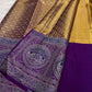 Antique gold handwoven pure silk Banarasi-Kanchipuram fusion saree with Kathiripoo purple, gold zari latticework and elephant medallions