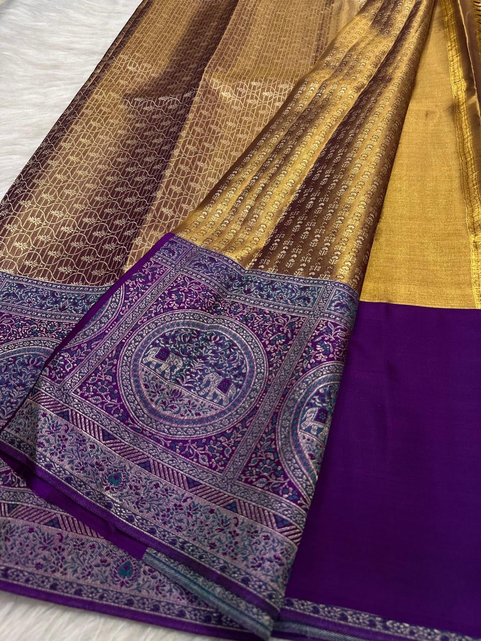 Antique gold handwoven pure silk Banarasi-Kanchipuram fusion saree with Kathiripoo purple, gold zari latticework and elephant medallions