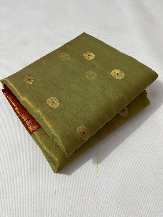 Olive Green and Copper Red Gold Tissue Katan Silk Chanderi handloom saree — pallu detail
