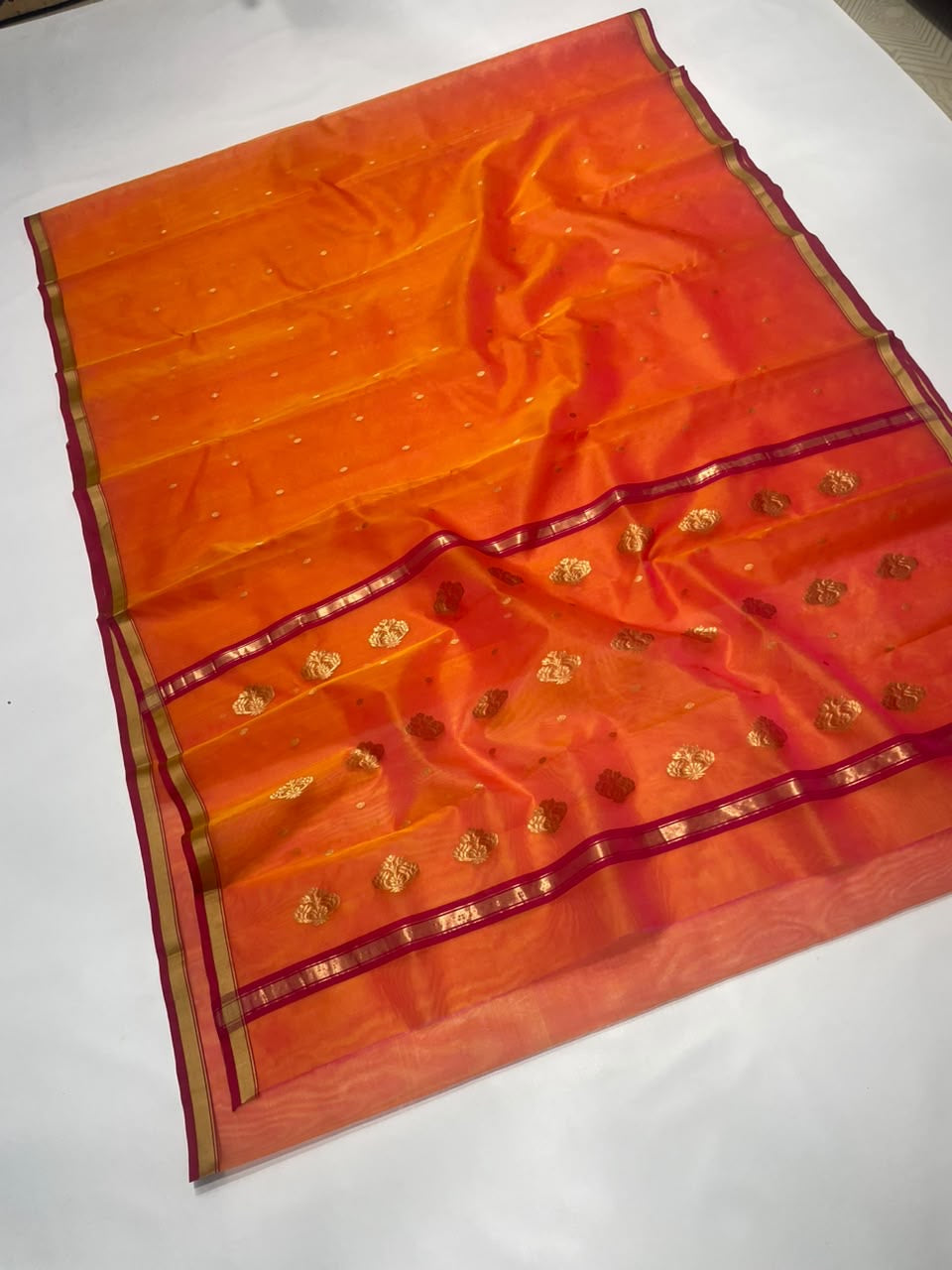 Sunset Orange and Pink Katan Silk Chanderi handloom saree — border closeup