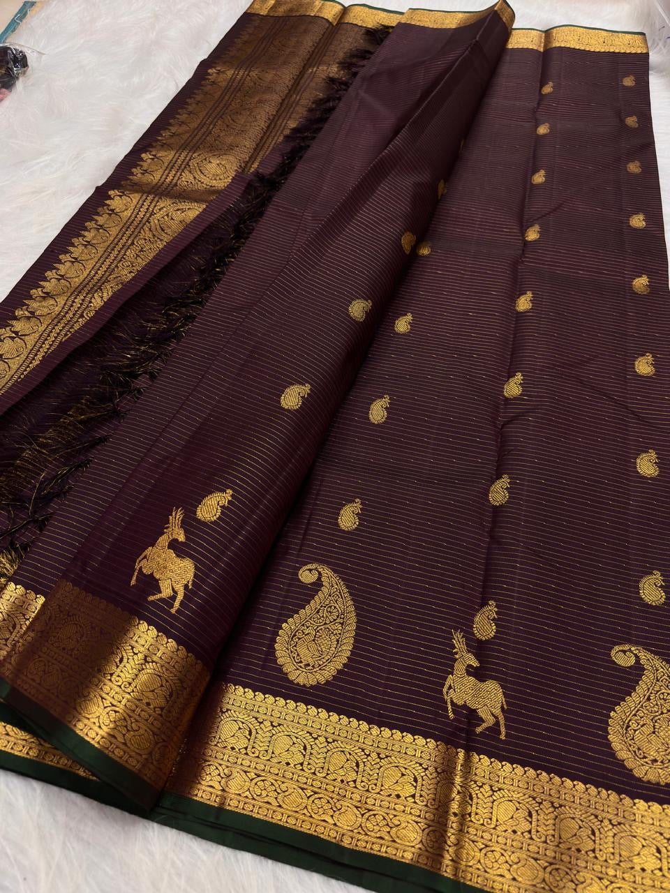 Deep Paaku Brown Handwoven Pure Silk Kanchipuram Vairaoosi Saree with Deer and Maanga Motifs