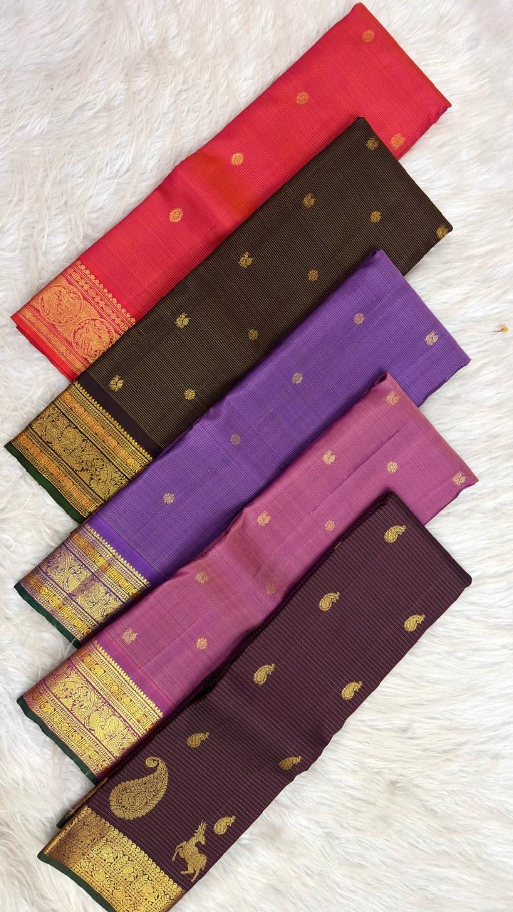 Deep Paaku Brown Handwoven Pure Silk Kanchipuram Vairaoosi Saree with Deer and Maanga Motifs