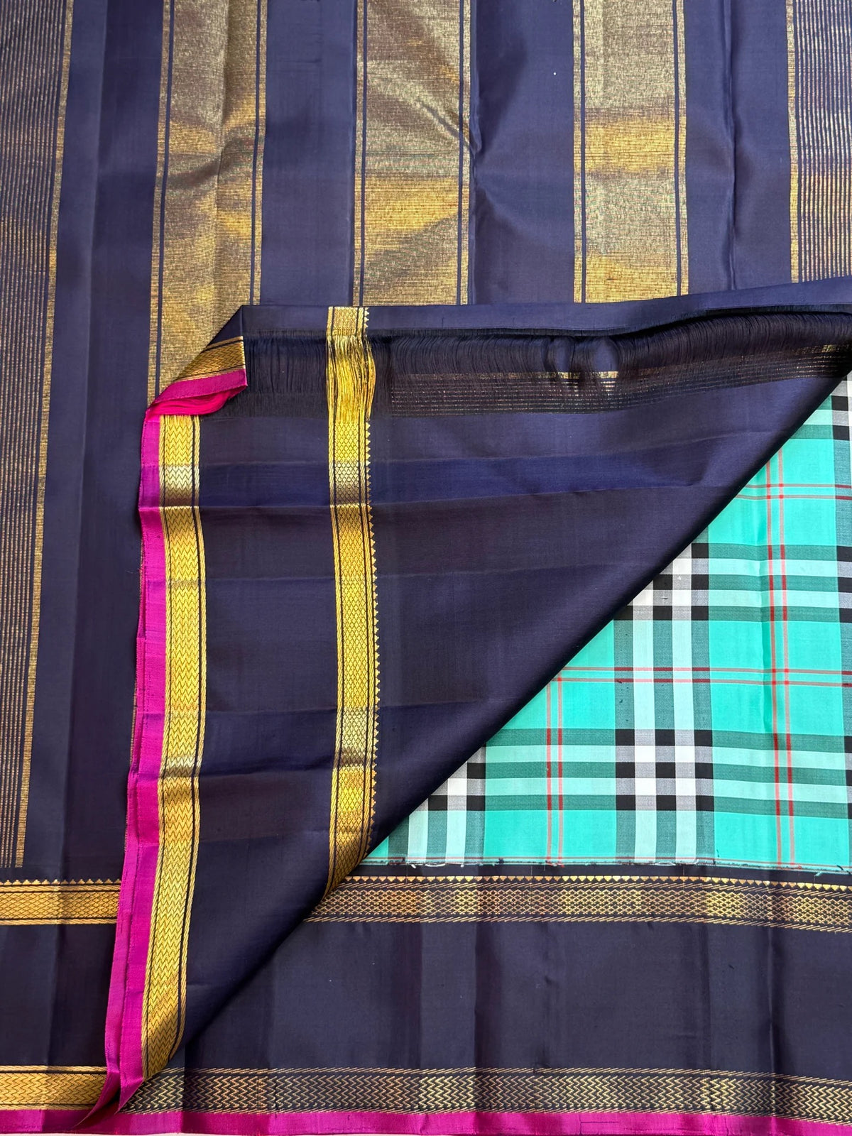 Lagoon turquoise Paapli checks pure silk Kanchipuram saree with midnight navy Rettapet border and gold Seer pallu, Idam Living (photo 2 of 5)