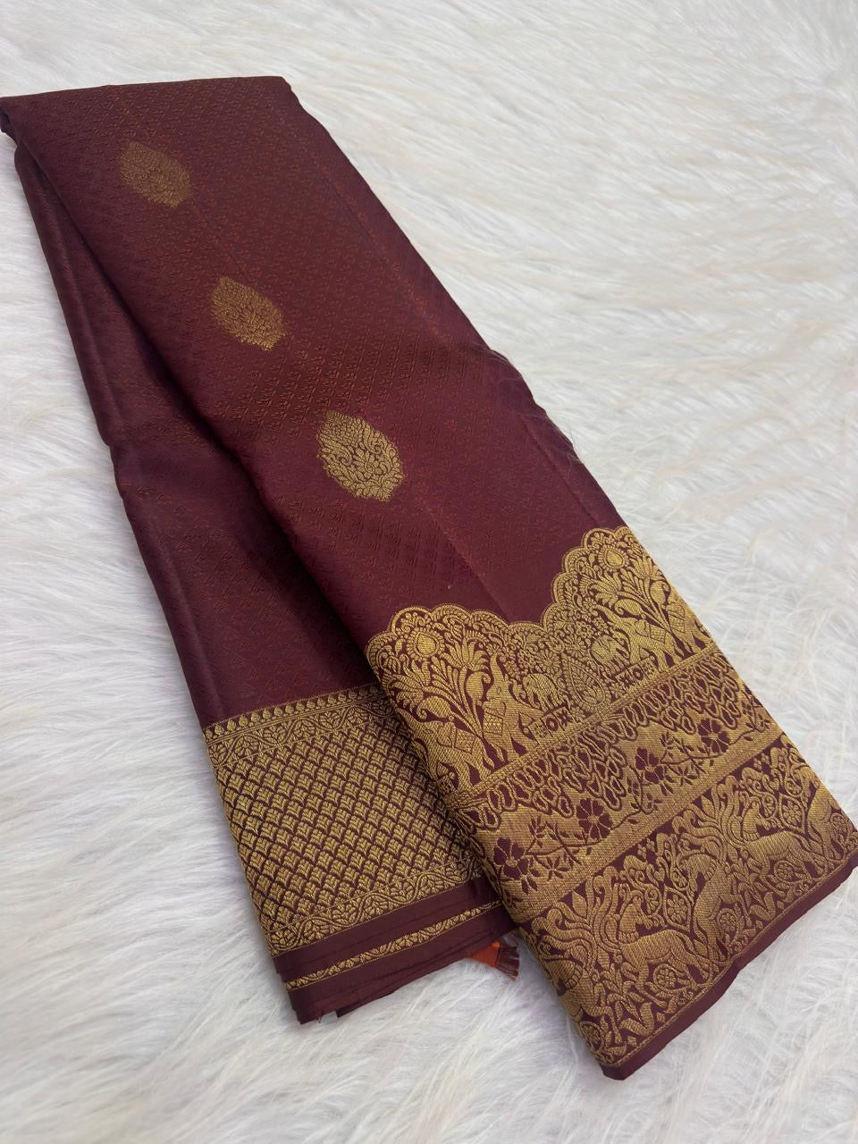 Deep Kaapi Brown handwoven pure silk Kanchipuram butta saree, floral gold zari buttas and ornate border, Idam Living, product detail 3.