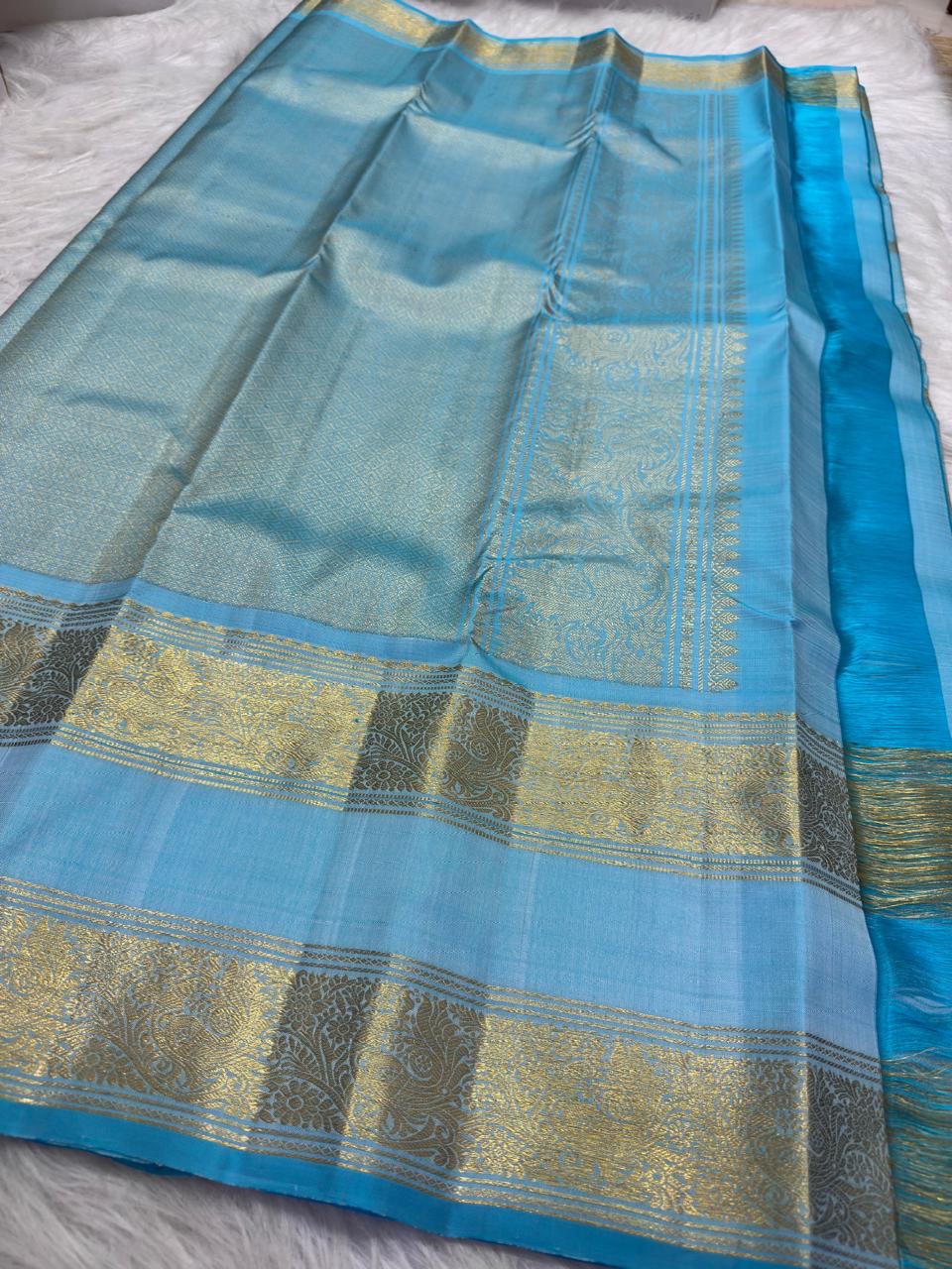 Sky blue and aqua vintage Kanchipuram Rettapet saree, gold zari Rettapet paired border close-up, handwoven gold zari and traditional detailing