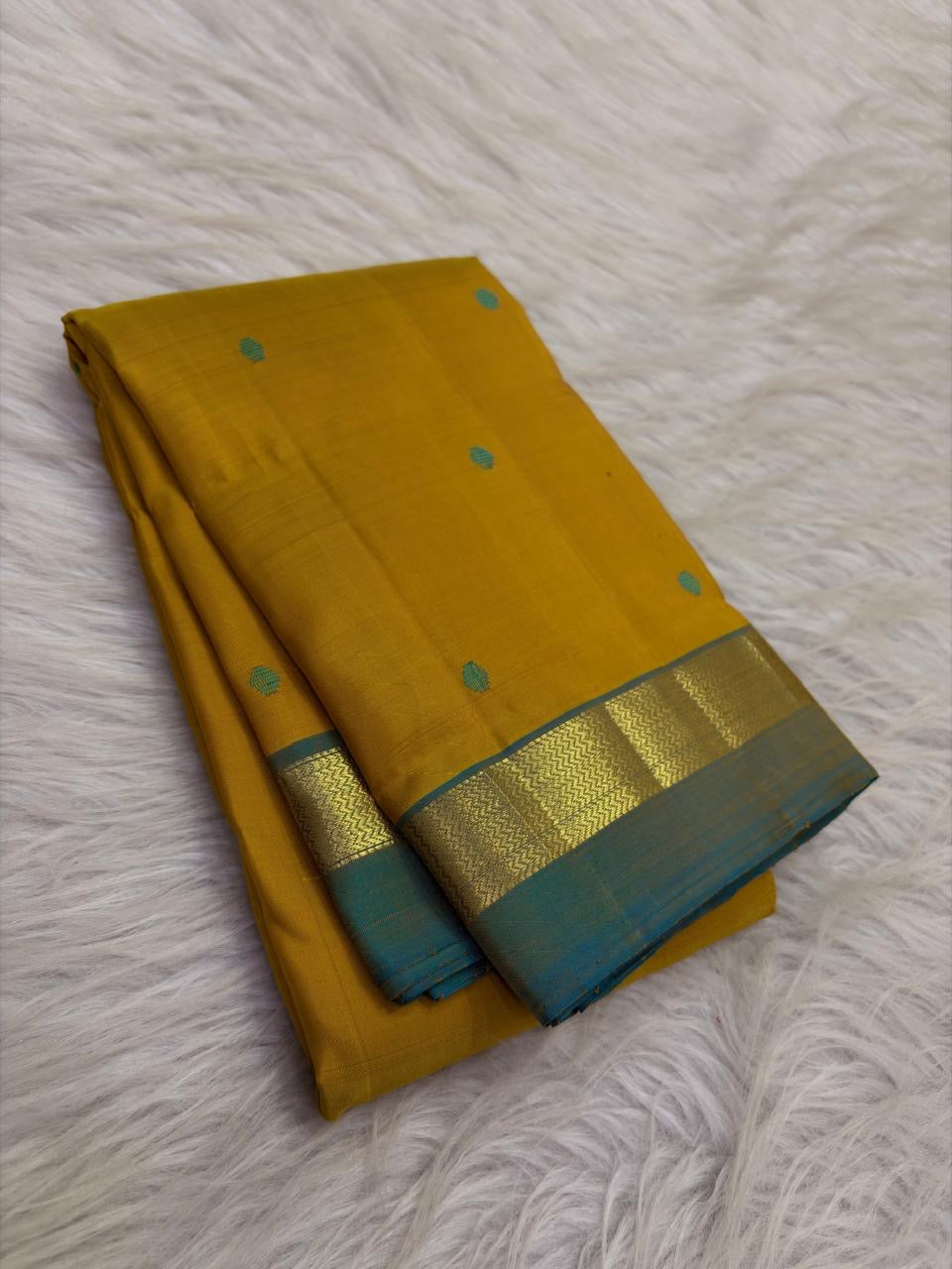 Turmeric Yellow and Peacock Blue Simple Kanchipuram Silk Saree, additional view