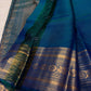Peacock Blue Thazampoo Reku pure silk Kanchipuram saree, silk body, showing deep oceanic peacock blue with a teal-green glimmer, royal blue border accents and antique-gold zari