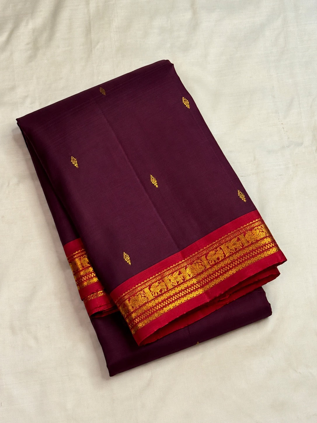 Kathiripoo Plum handwoven pure silk Kanchipuram saree, full view